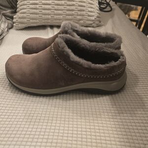 Merrell Brown Suede Mules with Gray Fur Lining